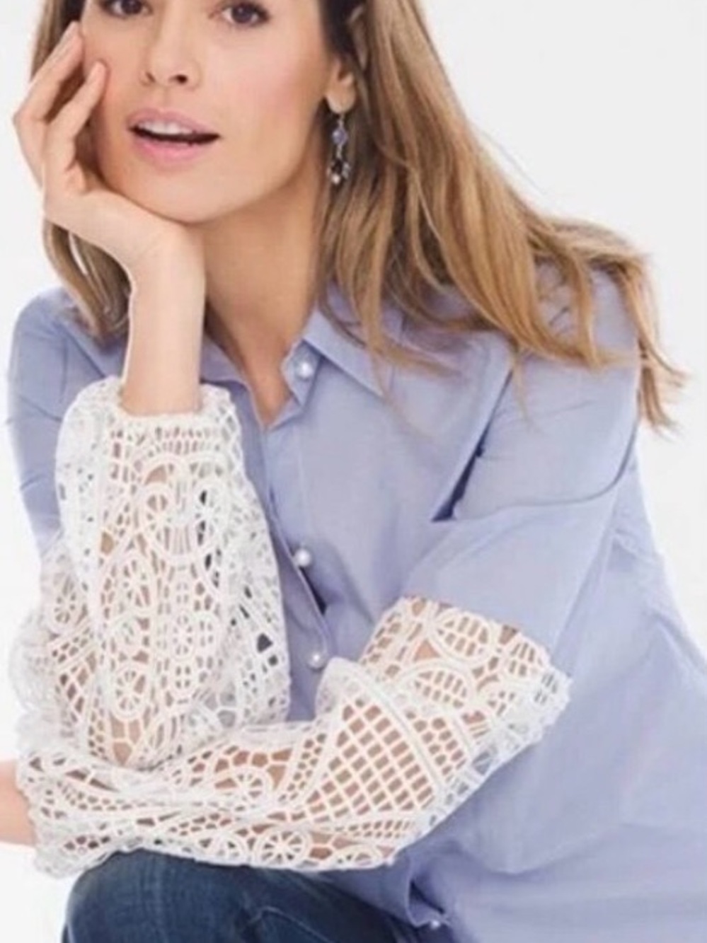 Chico’s Poplin Stripe Shirt with Crochet Lace Sleeves Pearl Buttons
